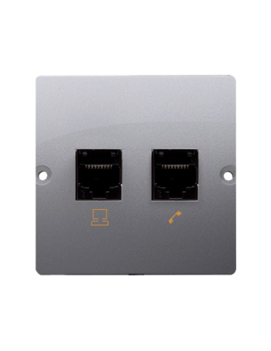 Gniazdo komputerowe RJ45 podwójne kategoria 5e (moduł). Montaż gniazda na wkręty do puszki stal inox KONTAKT SIMON BMF52.02/21
