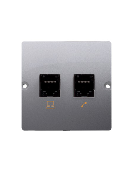 Gniazdo komputerowe RJ45 kat.5e + telefoniczne RJ11 (moduł). Montaż gniazda na wkręty do puszki stal inox KONTAKT SIMON BMF5T.02